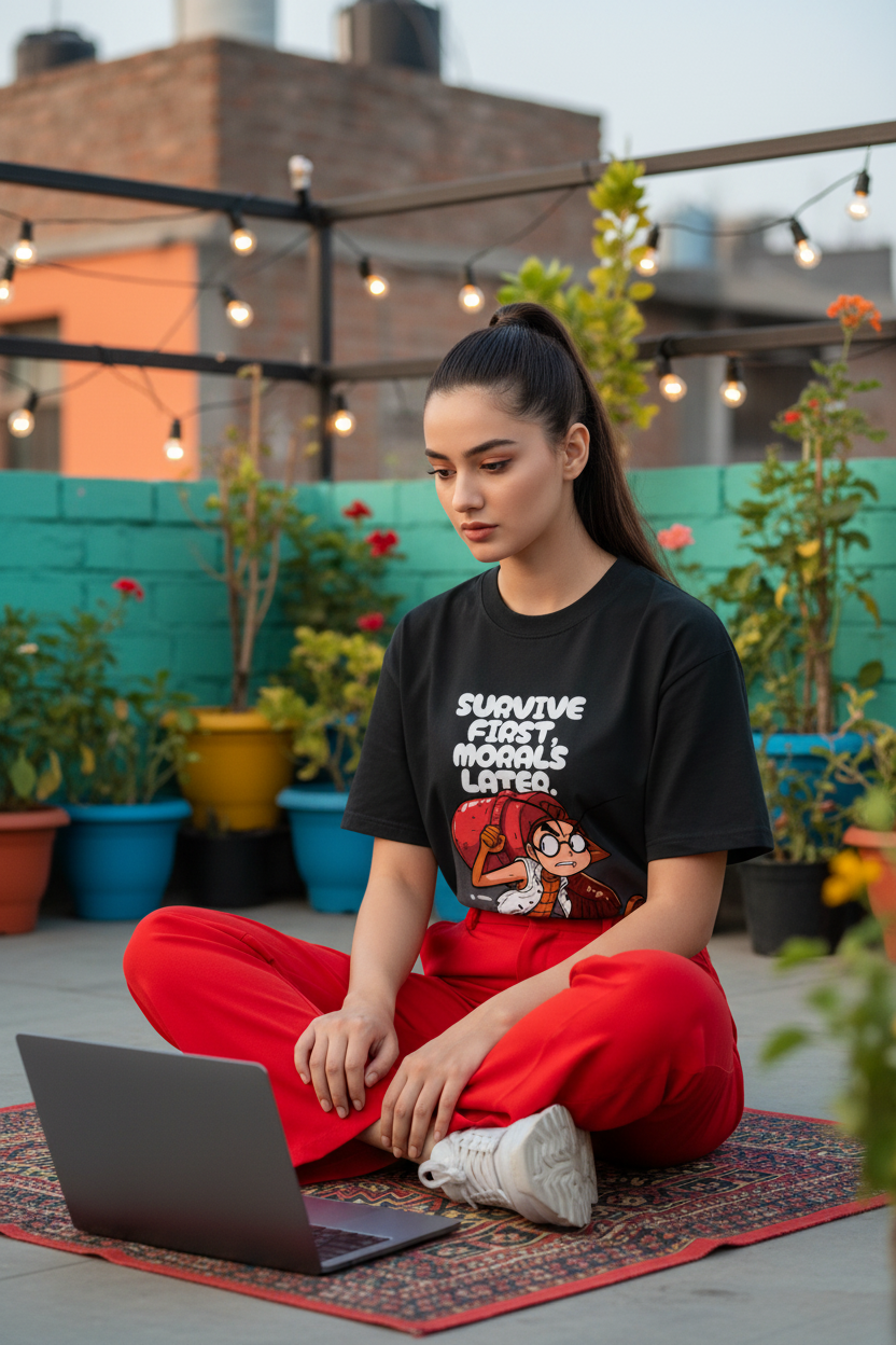 Lifestyle rooftop fairy lights female