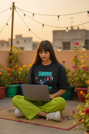 Lifestyle rooftop golden hour female