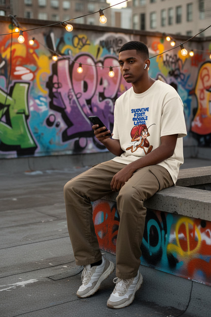 Lifestyle rooftop male raw hem