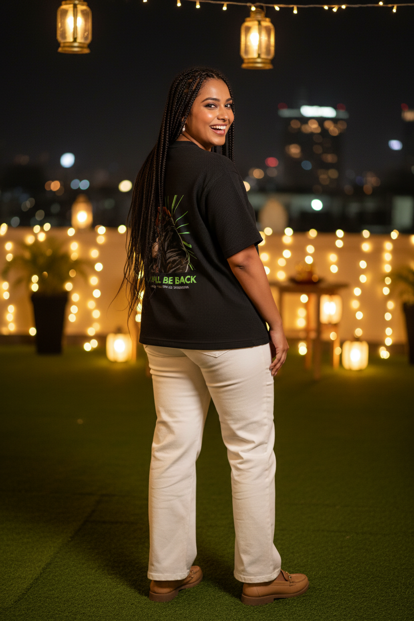 Lifestyle rooftop party female back