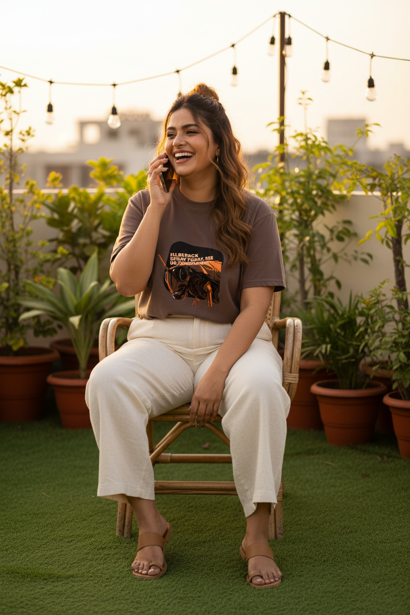 Lifestyle rooftop terrace female raw hem