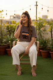 Lifestyle rooftop terrace female raw hem