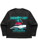 Cockroach Anime - Emergency exit? Ask the cockroach. (Black waffle knit oversized full-sleeve Back Design)