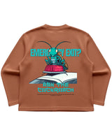Cockroach Anime - Emergency exit? Ask the cockroach. (Brown waffle knit oversized full-sleeve Back Design)