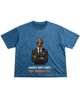 Cockroach Anime - ROACHES DON'T GHOST. THEY SUDDENLY FLY. (Denim Wash Boxy Fit T-shirt Front Design)